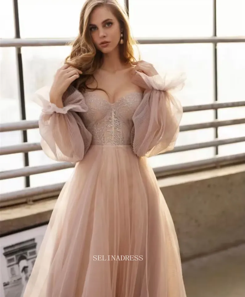 Chic Long Sleeve Off Shoulder Prom Dresses Pink Tulle Evening Dresses Formal Dress POL023