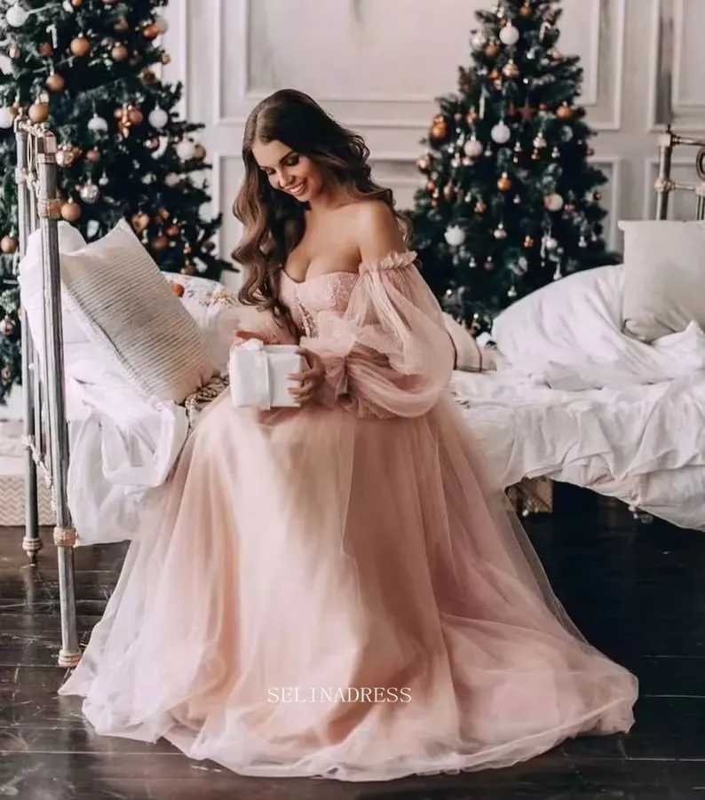 Chic Long Sleeve Off Shoulder Prom Dresses Pink Tulle Evening Dresses Formal Dress POL023