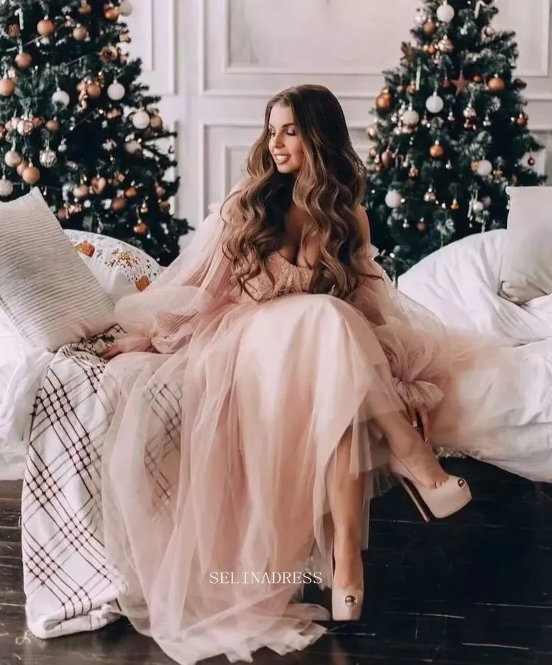 Chic Long Sleeve Off Shoulder Prom Dresses Pink Tulle Evening Dresses Formal Dress POL023