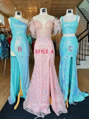 Chic Mermaid Off-the-shoulder Pink Lace Long Prom Dress Feather Elegant Evening Dress #lop247