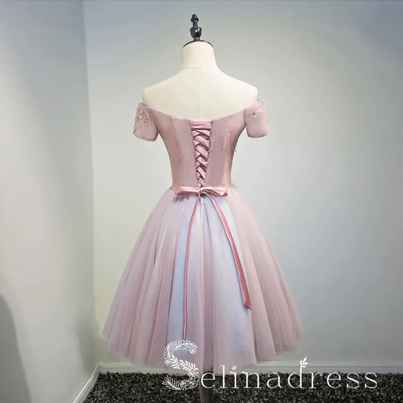 Chic Off-the-shoulder Pink Homecoming Dress Modest Cheap Short Prom Dress HML010