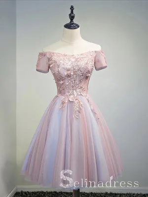 Chic Off-the-shoulder Pink Homecoming Dress Modest Cheap Short Prom Dress HML010