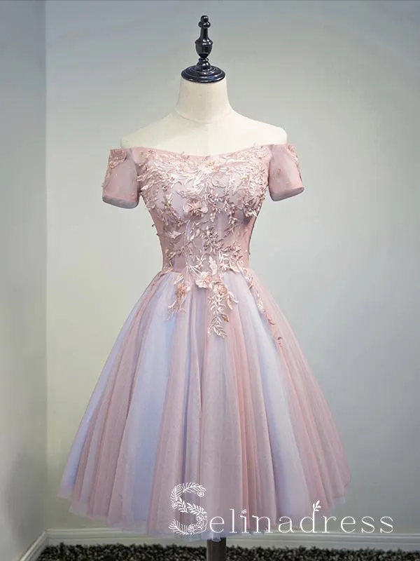 Chic Off-the-shoulder Pink Homecoming Dress Modest Cheap Short Prom Dress HML010