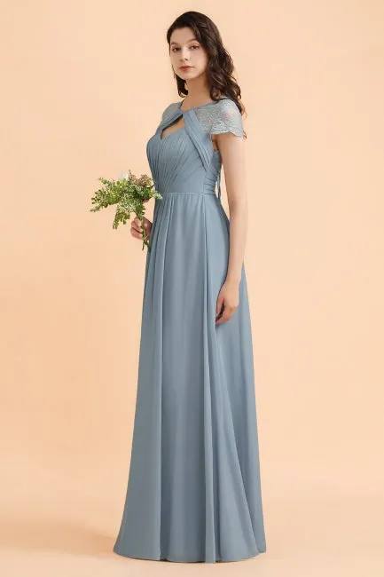 Chic Short Sleeves Lace Chiffon Bridesmaid Dress with Ruffles