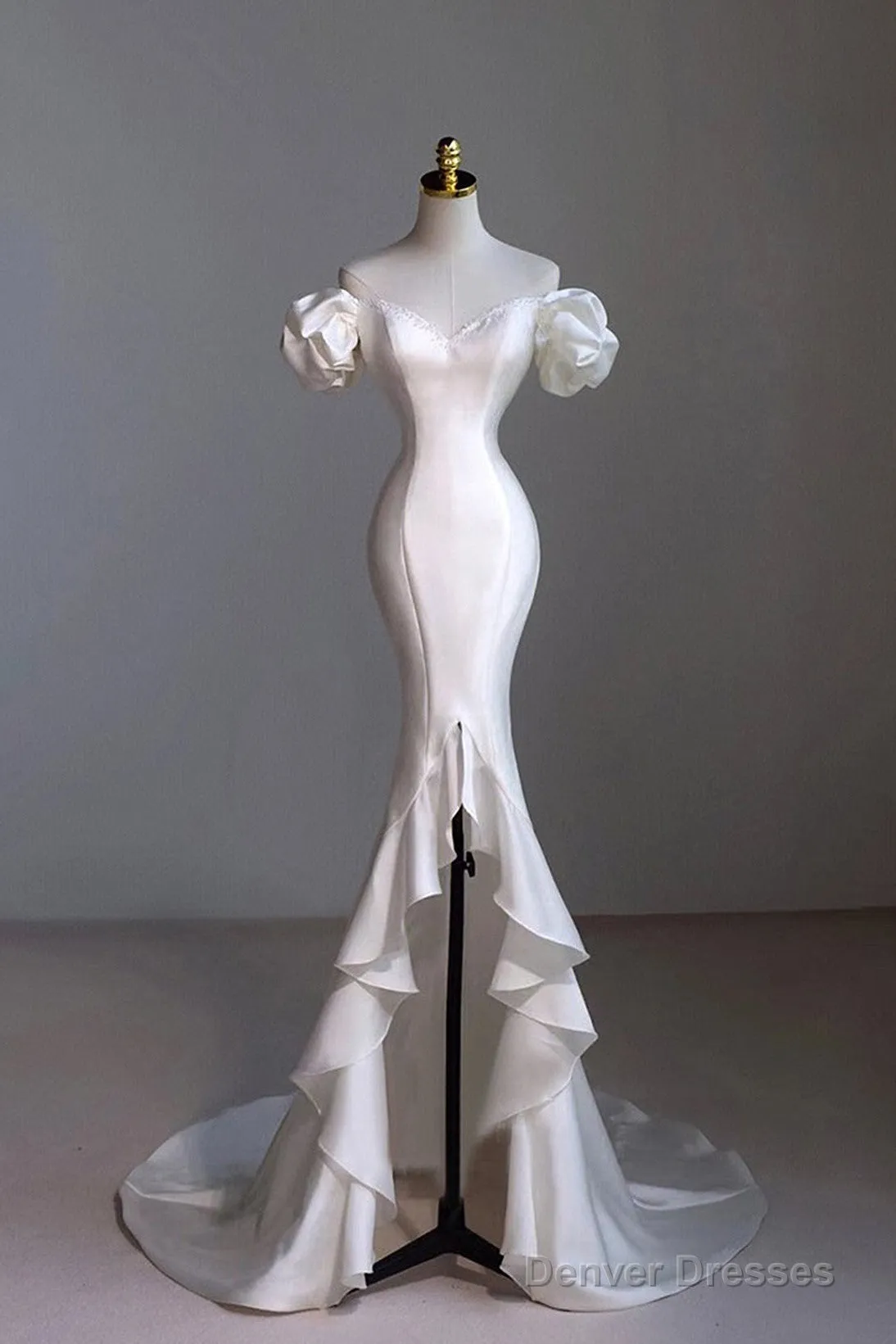 Chic White Satin Sweetheart Beaded Wedding Party Dress, White Satin Formal Dress
