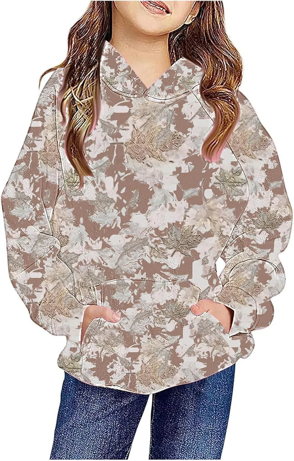 Children's Hoodies Camo Oversized Sweatshirt Maple Leaf Print Pullover Trendy Cute Long Sleeve Tops with Pockets