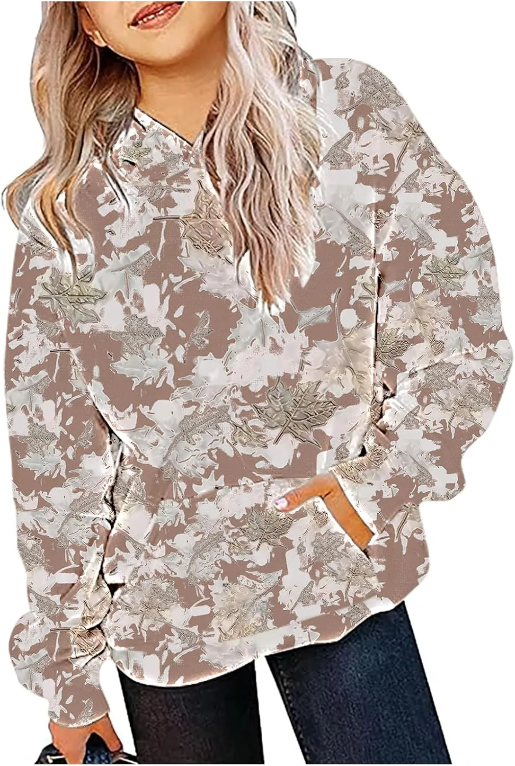 Children's Hoodies Camo Oversized Sweatshirt Maple Leaf Print Pullover Trendy Cute Long Sleeve Tops with Pockets