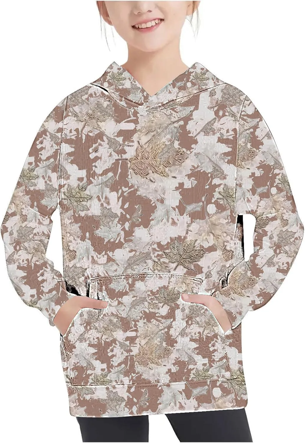 Children's Hoodies Camo Oversized Sweatshirt Maple Leaf Print Pullover Trendy Cute Long Sleeve Tops with Pockets