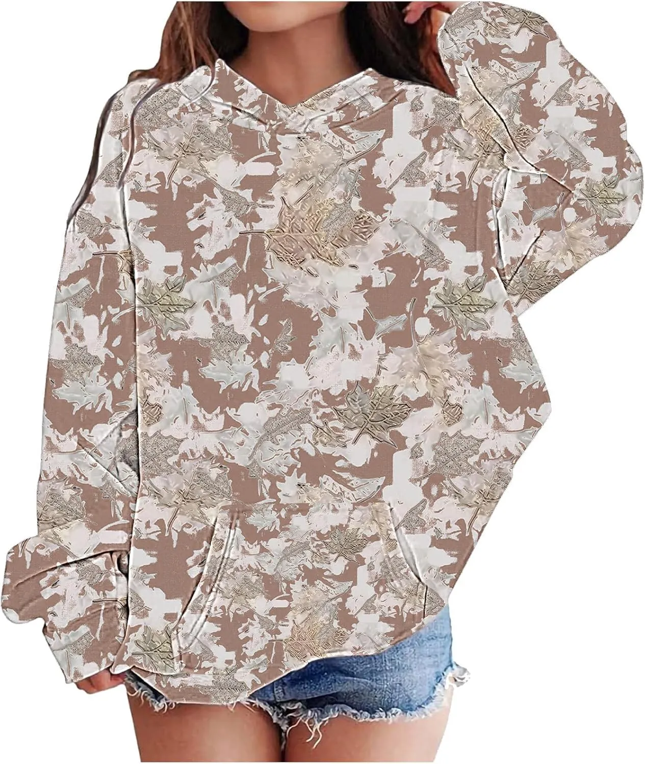 Children's Hoodies Camo Oversized Sweatshirt Maple Leaf Print Pullover Trendy Cute Long Sleeve Tops with Pockets