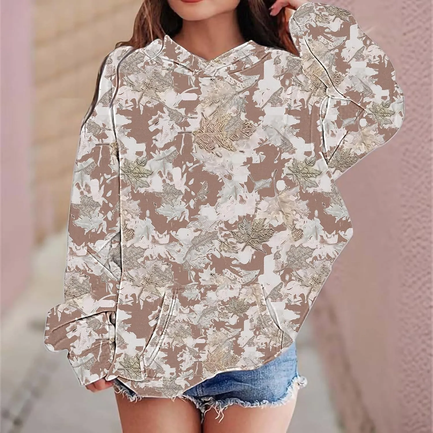 Children's Hoodies Camo Oversized Sweatshirt Maple Leaf Print Pullover Trendy Cute Long Sleeve Tops with Pockets
