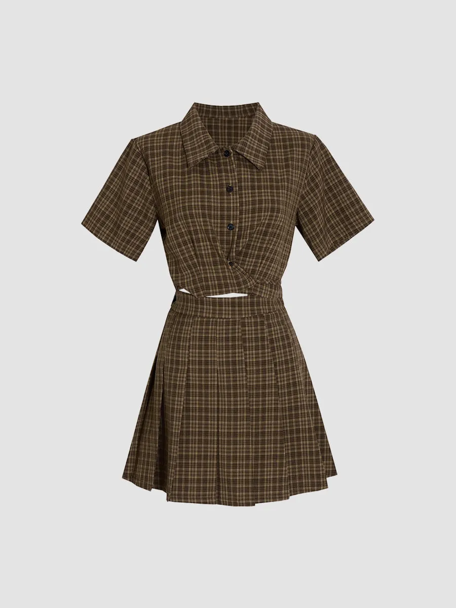 Coffee Checkered Shirt Top & A-line Skirt / Pleated Skirt Set