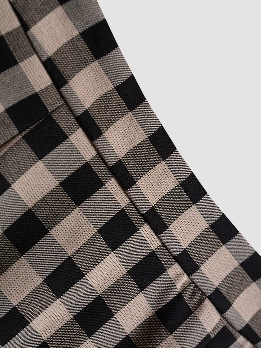 Coffee Checkered Shirt Top & A-line Skirt / Pleated Skirt Set