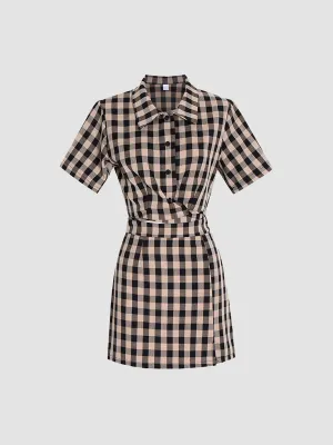 Coffee Checkered Shirt Top & A-line Skirt / Pleated Skirt Set