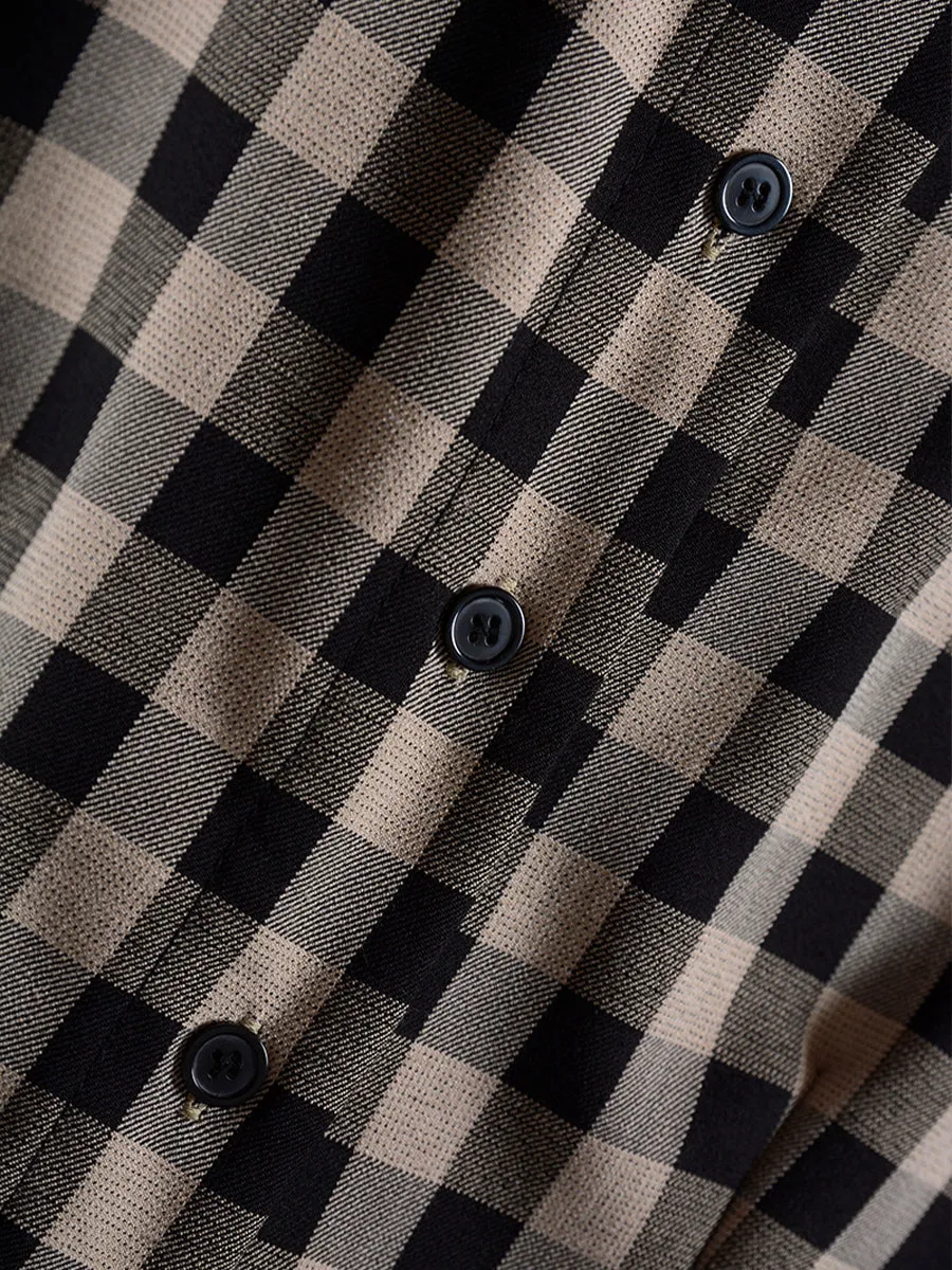 Coffee Checkered Shirt Top & A-line Skirt / Pleated Skirt Set