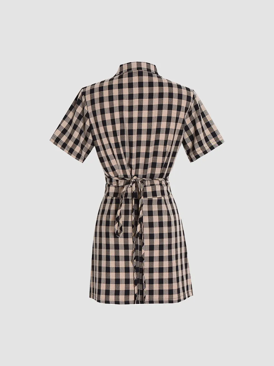 Coffee Checkered Shirt Top & A-line Skirt / Pleated Skirt Set