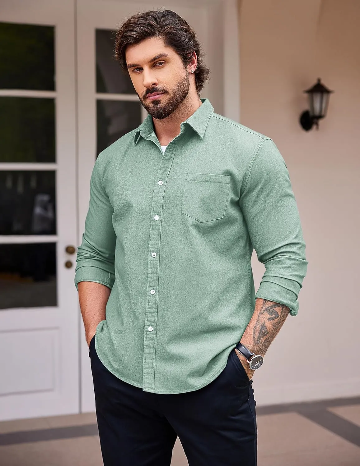COOFANDY Men's Denim Shirt Long Sleeve Casual Button Down Shirts Western Work Shirt