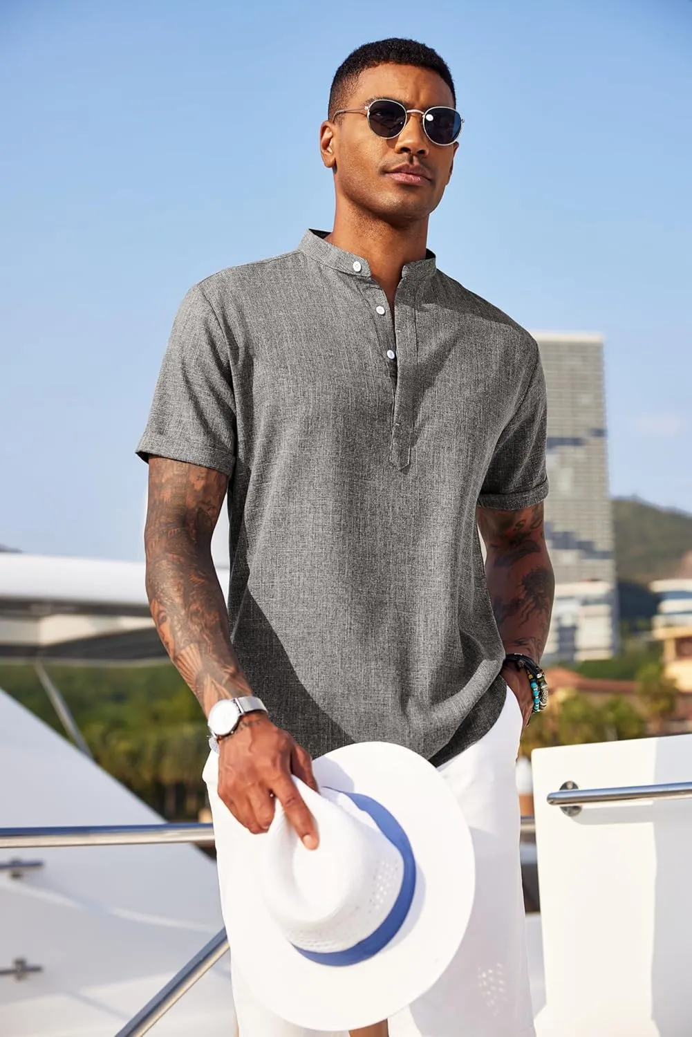COOFANDY Men's Linen Henley Shirt Short Sleeve Casual Summer Beach Hippie T Shirts