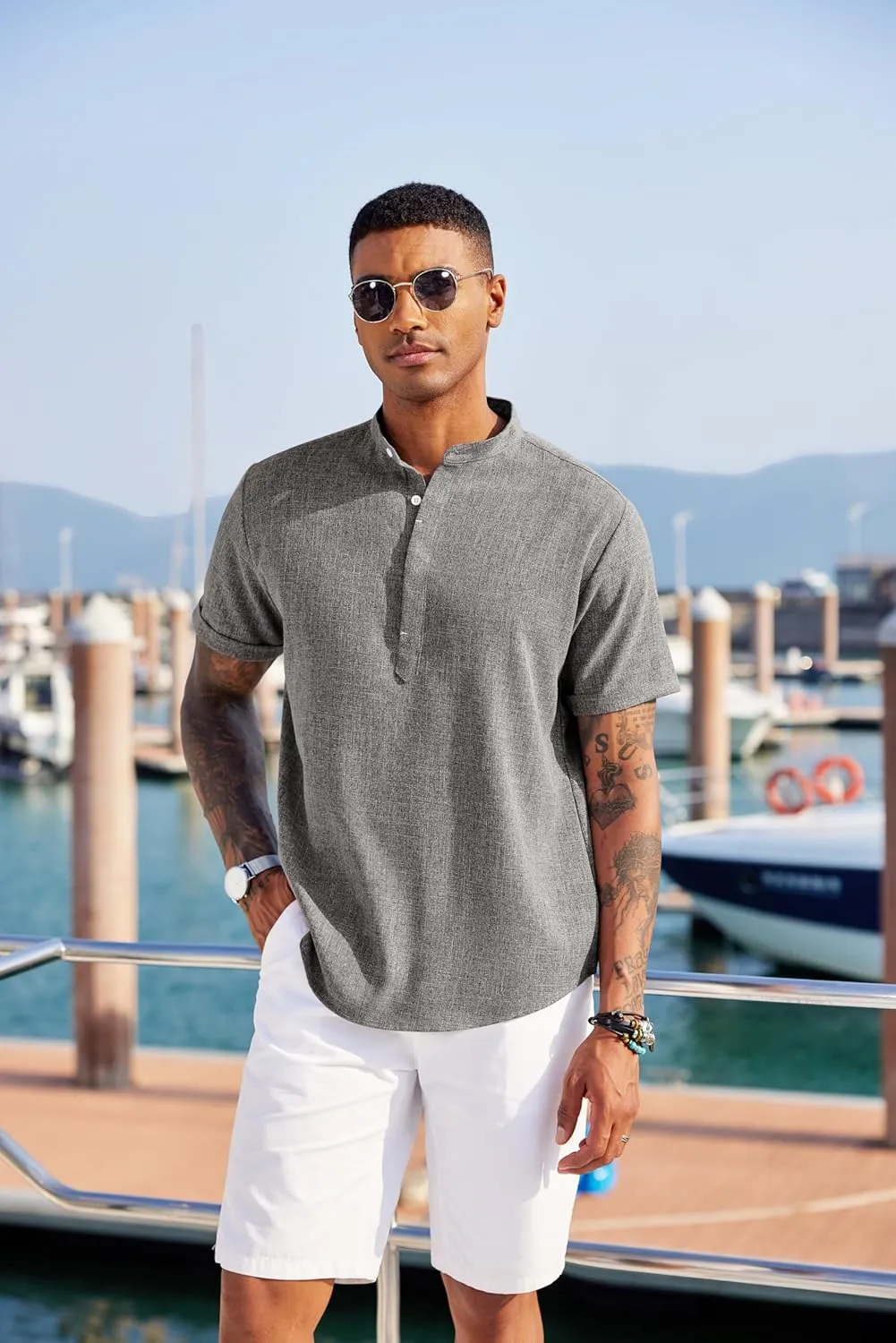 COOFANDY Men's Linen Henley Shirt Short Sleeve Casual Summer Beach Hippie T Shirts