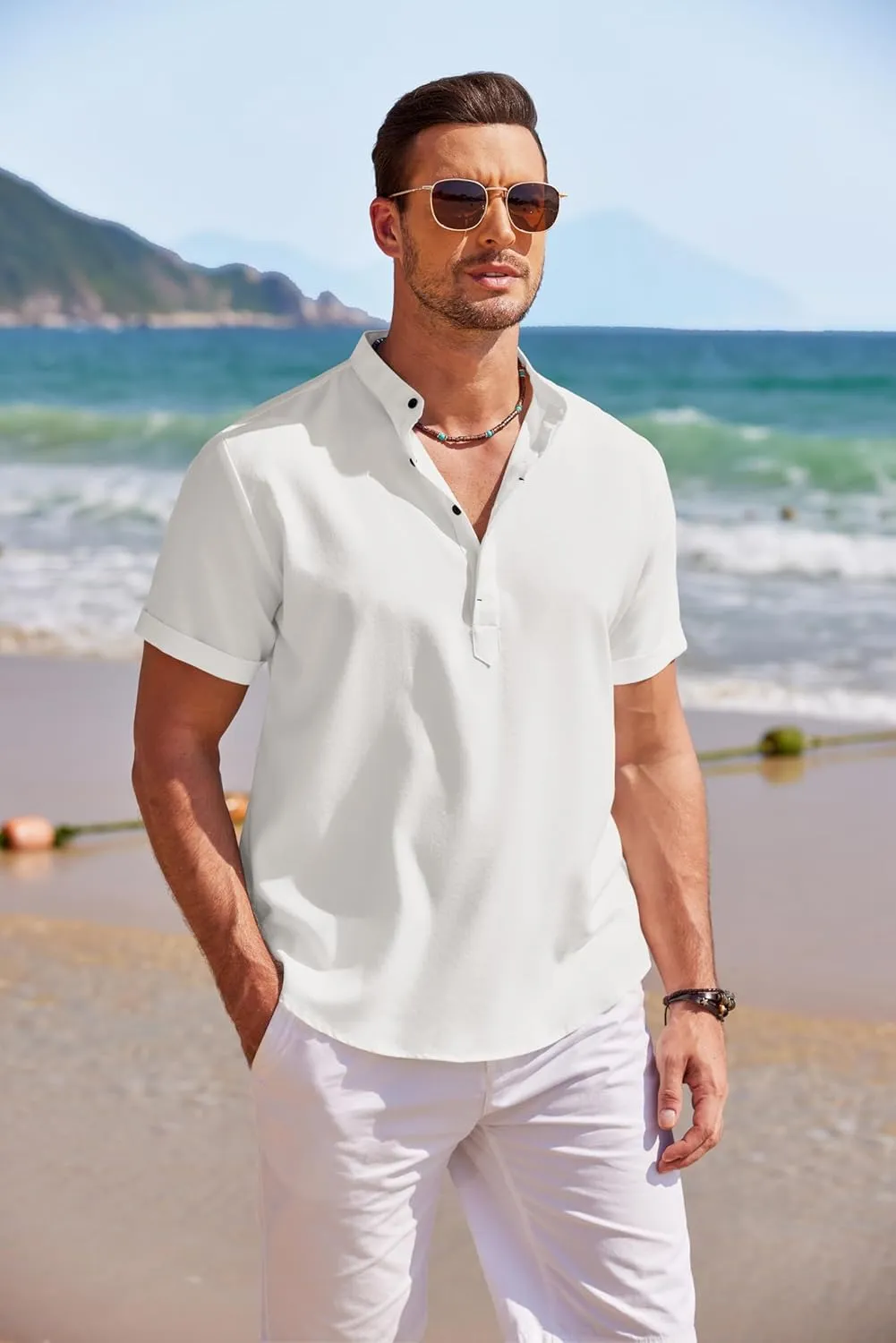 COOFANDY Men's Linen Henley Shirt Short Sleeve Casual Summer Beach Hippie T Shirts