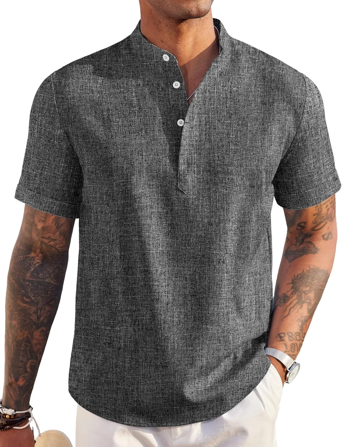 COOFANDY Men's Linen Henley Shirt Short Sleeve Casual Summer Beach Hippie T Shirts