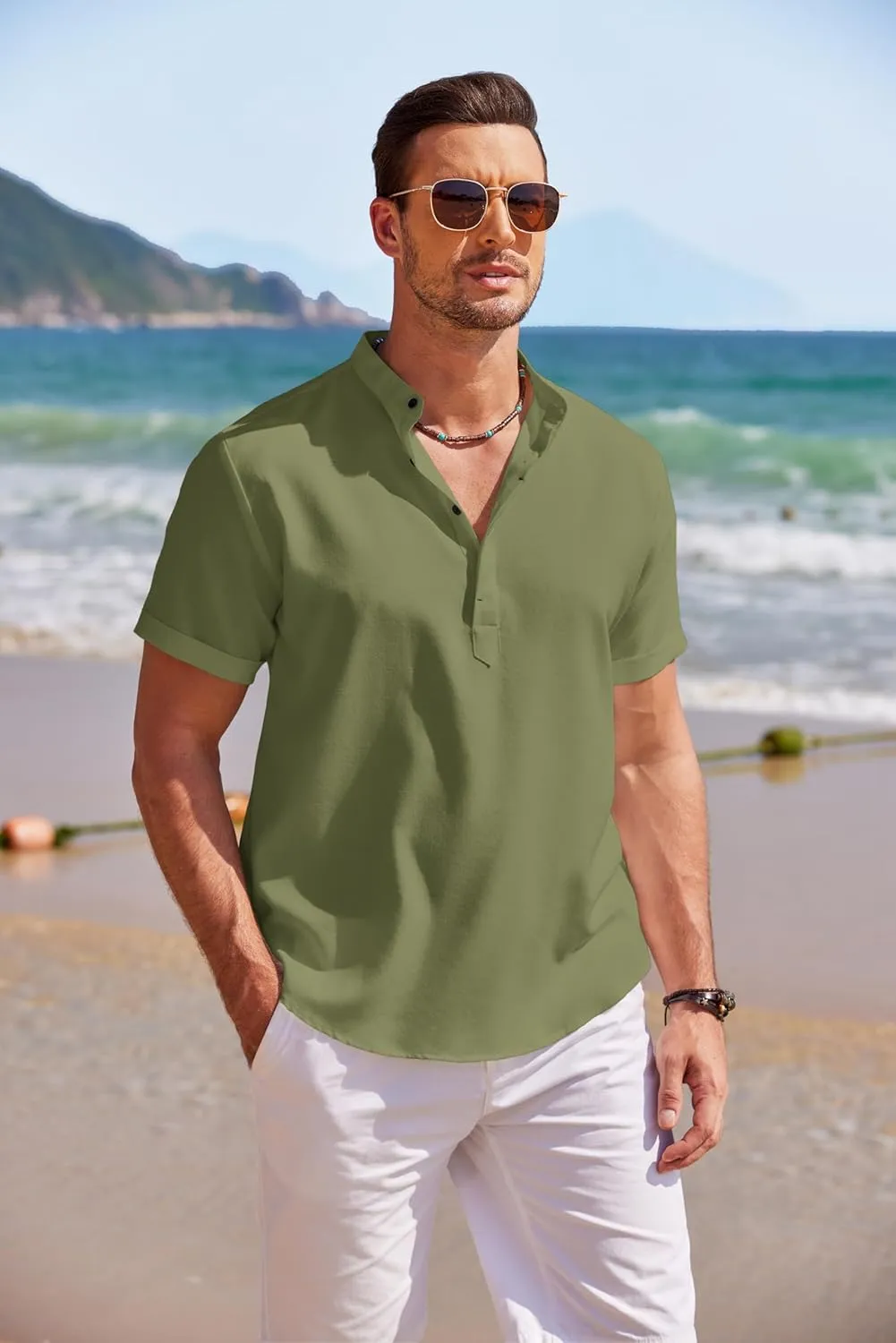 COOFANDY Men's Linen Henley Shirt Short Sleeve Casual Summer Beach Hippie T Shirts