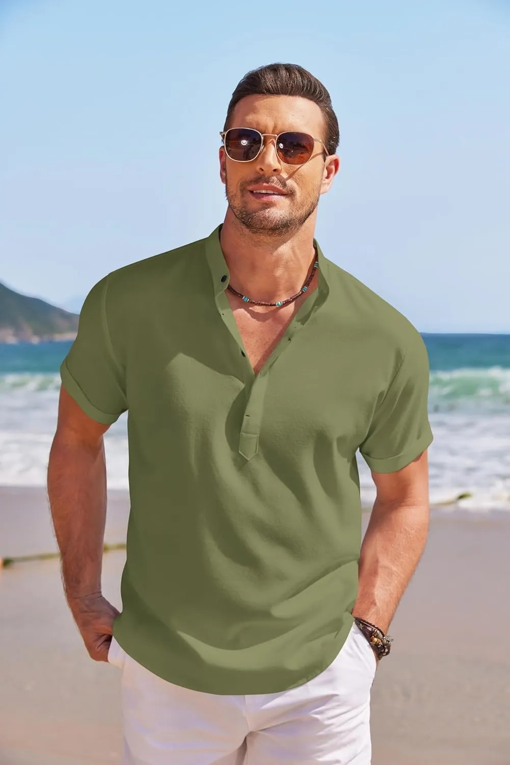 COOFANDY Men's Linen Henley Shirt Short Sleeve Casual Summer Beach Hippie T Shirts