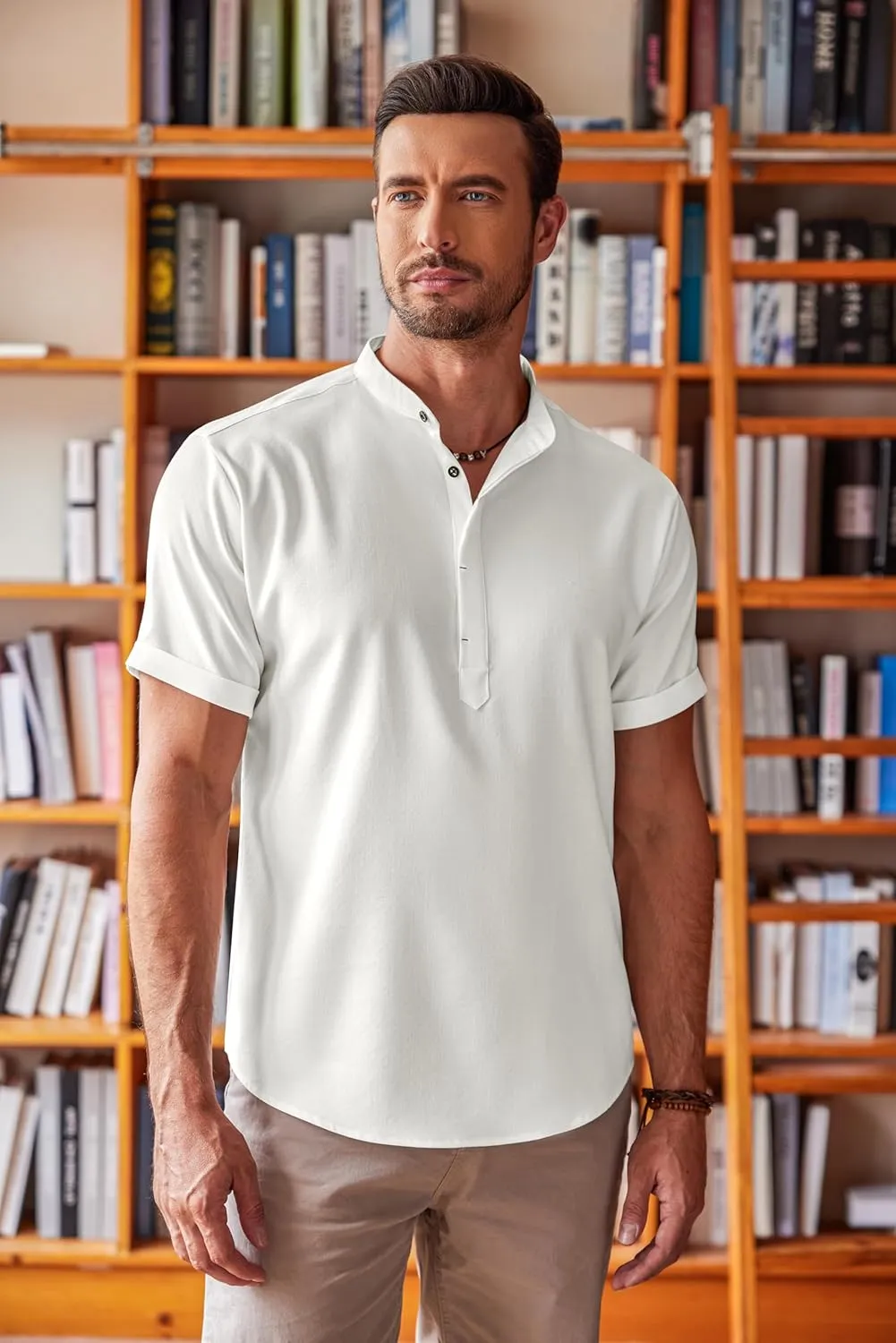 COOFANDY Men's Linen Henley Shirt Short Sleeve Casual Summer Beach Hippie T Shirts