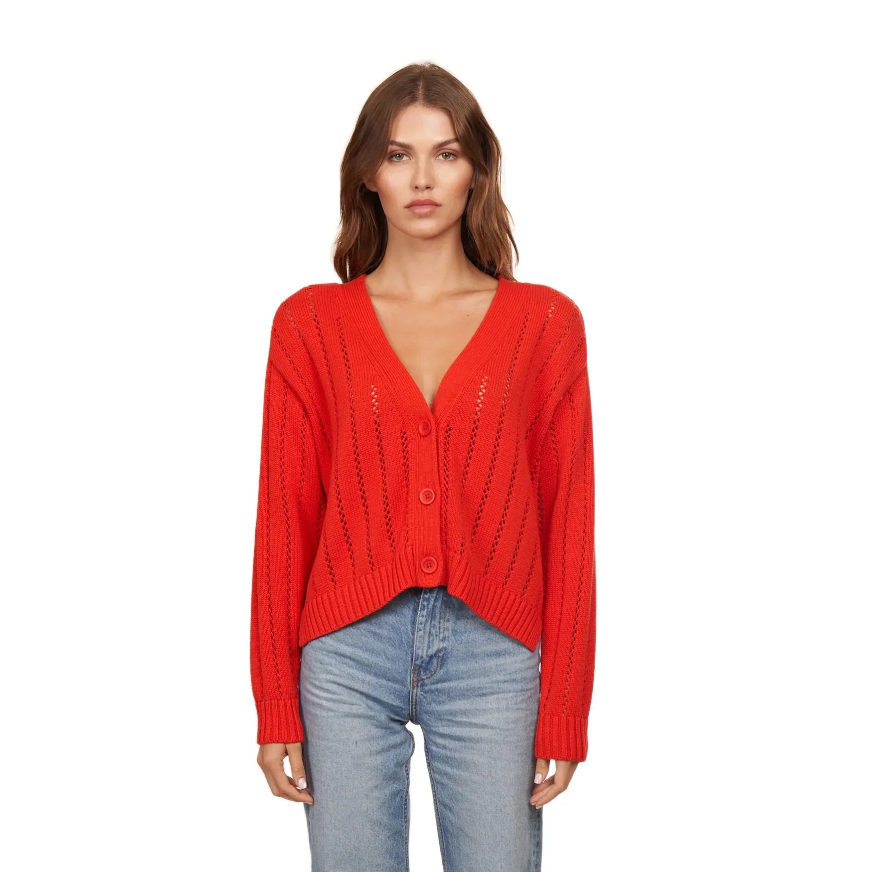 Cropped V-Neck Cardigan w/ Pointelle Ladder Stitch in Apple