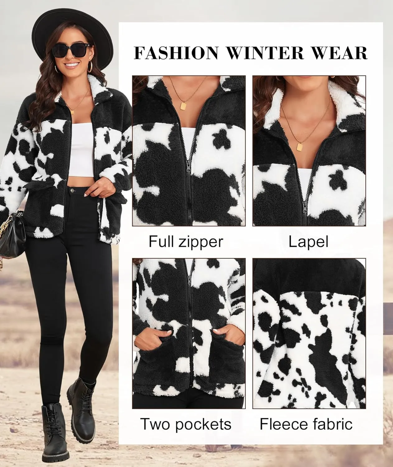 EARKOHA Womens 2024 Winter Coat Cow Print Fashion Zip Up Faux Fur Sherpa Jacket Warm Fleece Oversized Outwear with Pockets