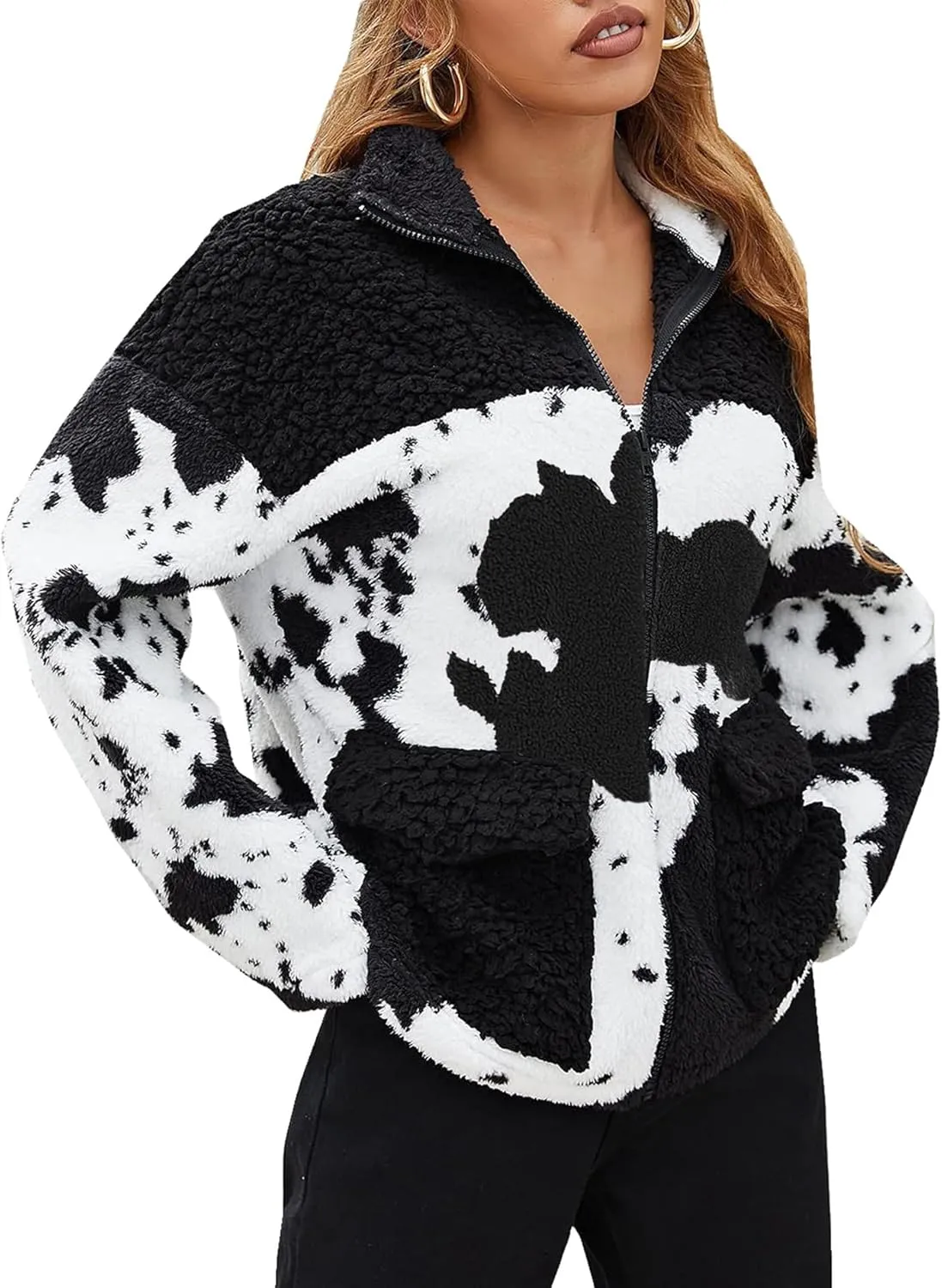 EARKOHA Womens 2024 Winter Coat Cow Print Fashion Zip Up Faux Fur Sherpa Jacket Warm Fleece Oversized Outwear with Pockets