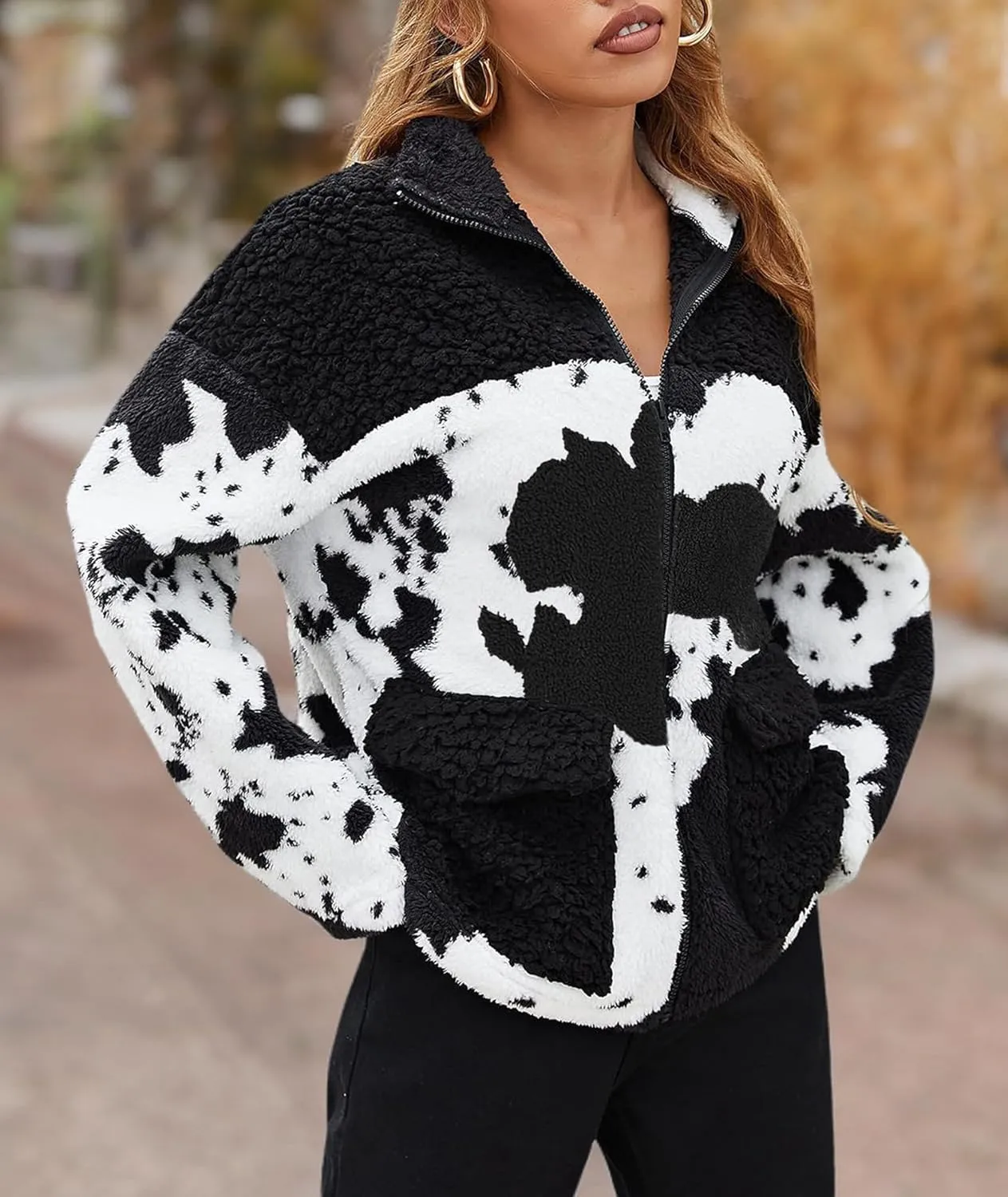 EARKOHA Womens 2024 Winter Coat Cow Print Fashion Zip Up Faux Fur Sherpa Jacket Warm Fleece Oversized Outwear with Pockets