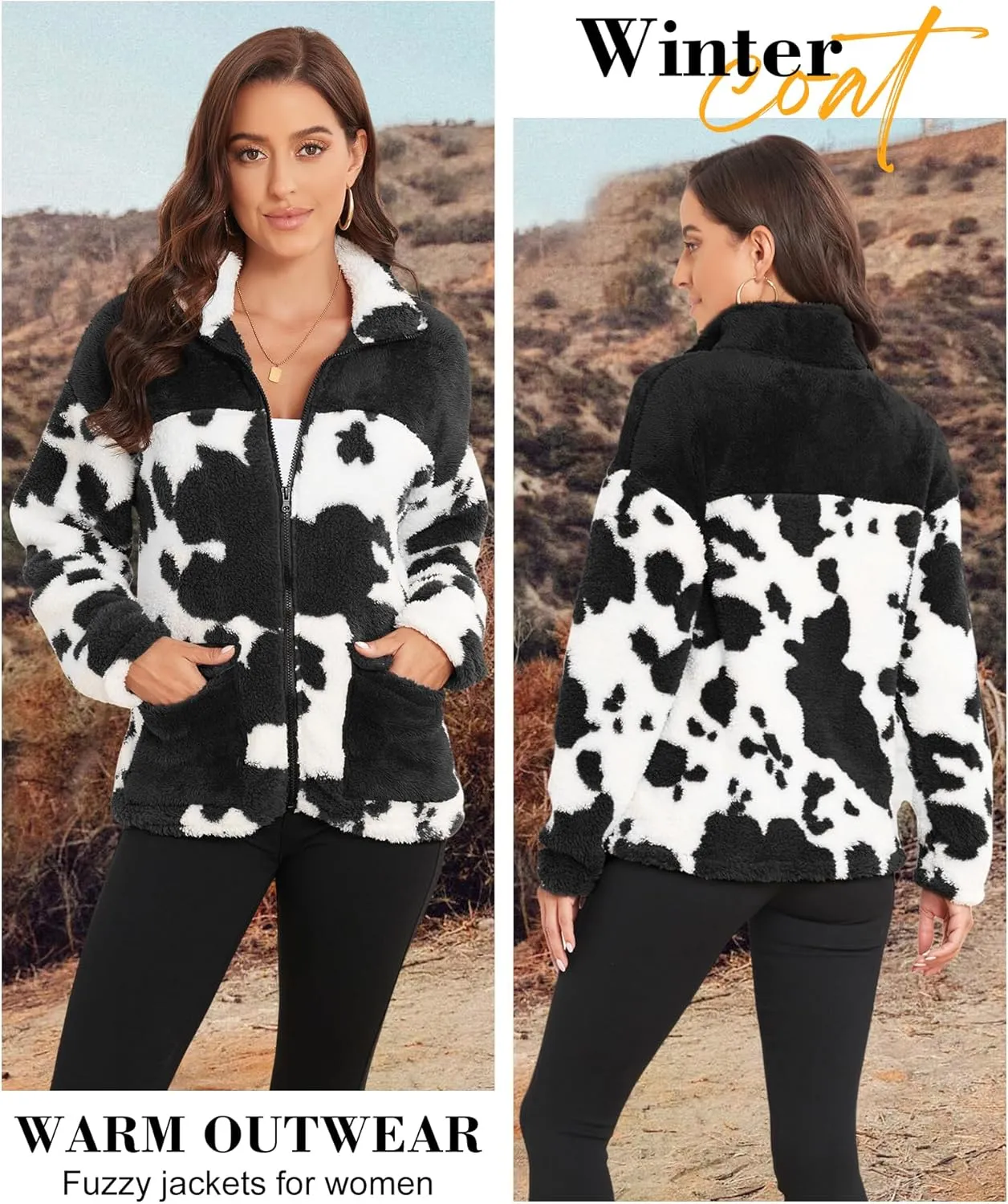 EARKOHA Womens 2024 Winter Coat Cow Print Fashion Zip Up Faux Fur Sherpa Jacket Warm Fleece Oversized Outwear with Pockets