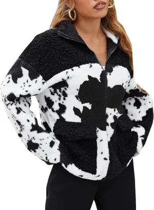EARKOHA Womens 2024 Winter Coat Cow Print Fashion Zip Up Faux Fur Sherpa Jacket Warm Fleece Oversized Outwear with Pockets