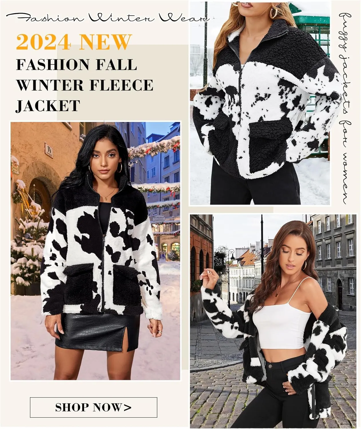 EARKOHA Womens 2024 Winter Coat Cow Print Fashion Zip Up Faux Fur Sherpa Jacket Warm Fleece Oversized Outwear with Pockets