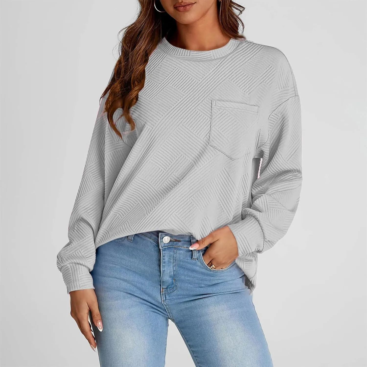 Fall Fashion Sweatshirts For Women 2024 Long Sleeve Crew Neck Sweatshirt Casual Loose Textured Pullover Tops