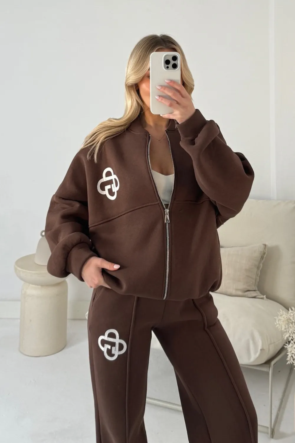 G monogram chocolate embroidered bomber jacket and straight leg jogger