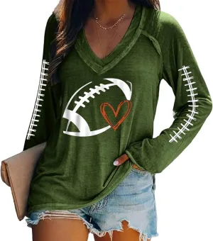 Game Day Shirts Women Heart Football Printed Lightweight Crewneck Long Sleeve Pullover Graphic Hoodies Mom Shirts