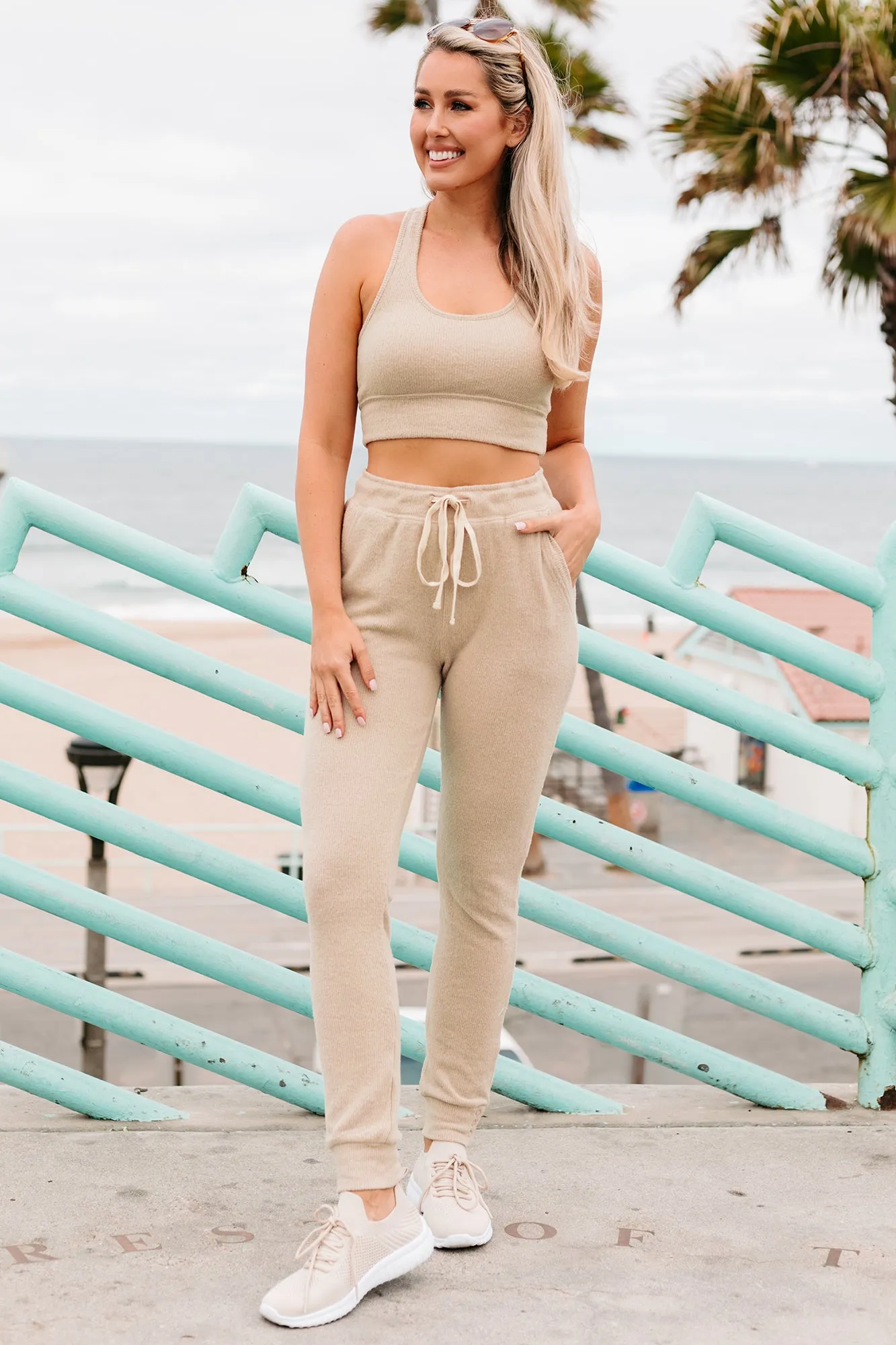 Getting Comfortable Ribbed Fuzzy Knit Two Piece Set (Taupe)