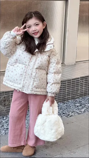 Girls' Floral Warm Windproof Cotton Hooded Princess Jackets