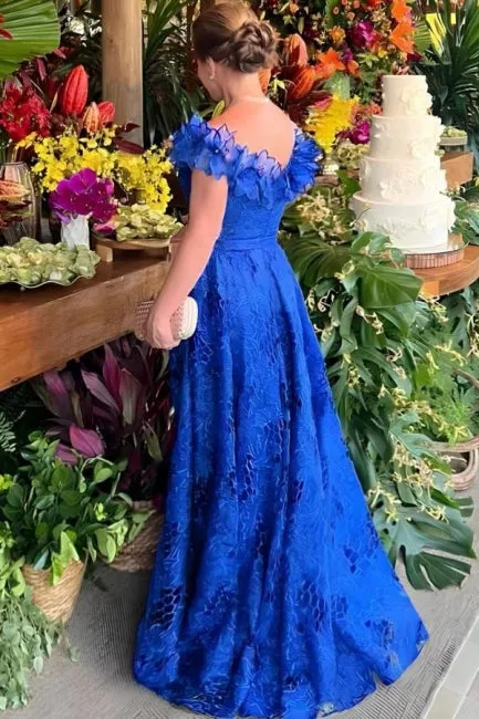 Gorgeous A-Line Lace Mother of The Bride Dress Off-The-Shoulder Sleeveless Blue Bridesmaid Dresses