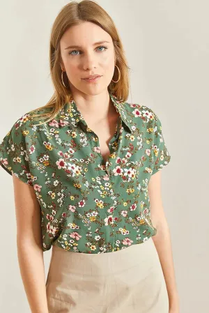 Green Floral Short Sleeve Blouse