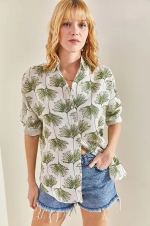 Green Gingko Print Linen Blend Blouse