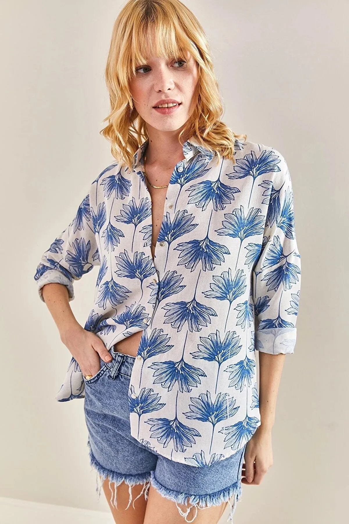 Green Gingko Print Linen Blend Blouse