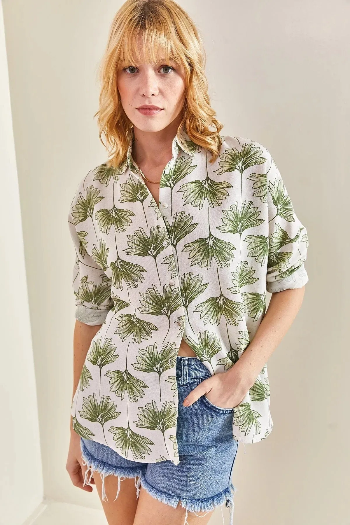 Green Gingko Print Linen Blend Blouse