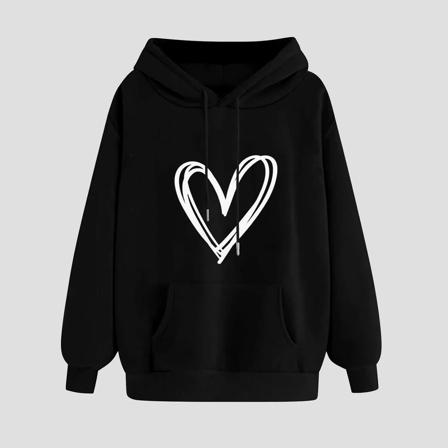 Heart Graphic Hoodie Women Casual Pullover Sweatshirt Drawstring Pocket Relaxed Long Sleeve Soft Streetwear