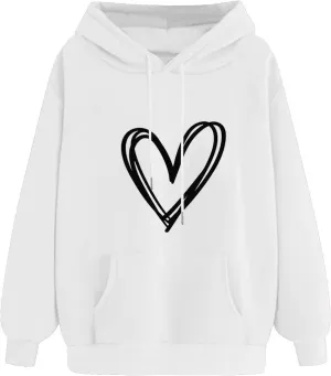 Heart Graphic Hoodie Women Casual Pullover Sweatshirt Drawstring Pocket Relaxed Long Sleeve Soft Streetwear