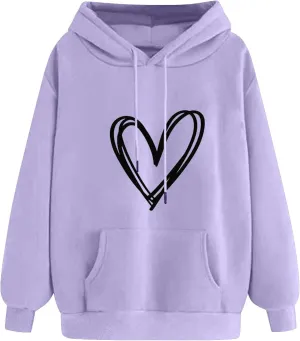 Heart Graphic Hoodie Women Casual Pullover Sweatshirt Drawstring Pocket Relaxed Long Sleeve Soft Streetwear