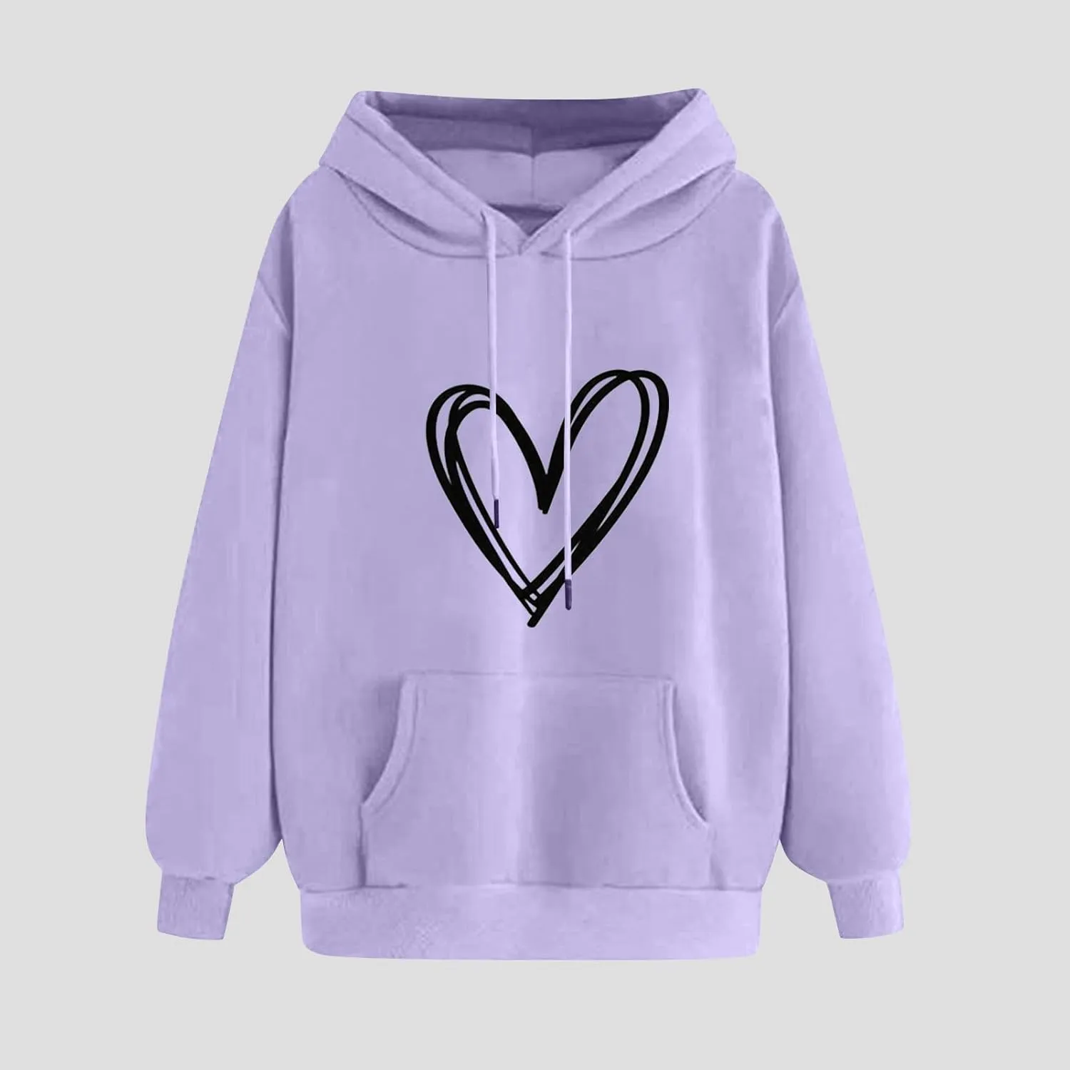 Heart Graphic Hoodie Women Casual Pullover Sweatshirt Drawstring Pocket Relaxed Long Sleeve Soft Streetwear