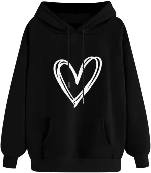 Heart Graphic Hoodie Women Casual Pullover Sweatshirt Drawstring Pocket Relaxed Long Sleeve Soft Streetwear