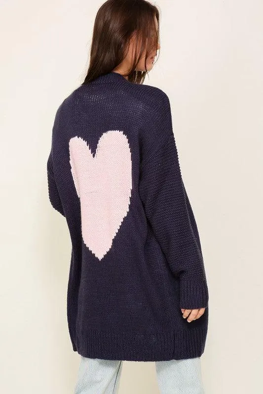 I heart you Long Sleeve Open Front Cardigan With Back Heart